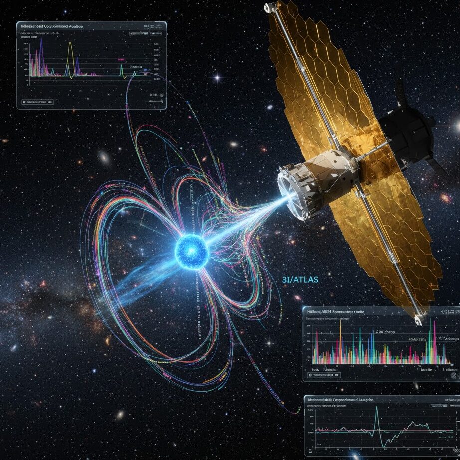 3I/ATLAS इंटरस्टेलर ऑब्जेक्ट से उत्सर्जित नीली C2 गैस की चमक, जो असामान्य रासायनिक संरचना का संकेत देती है।