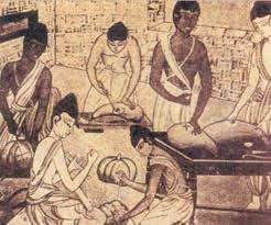 “Ancient Indian surgeon Sushruta performing early surgical procedures illustration”
