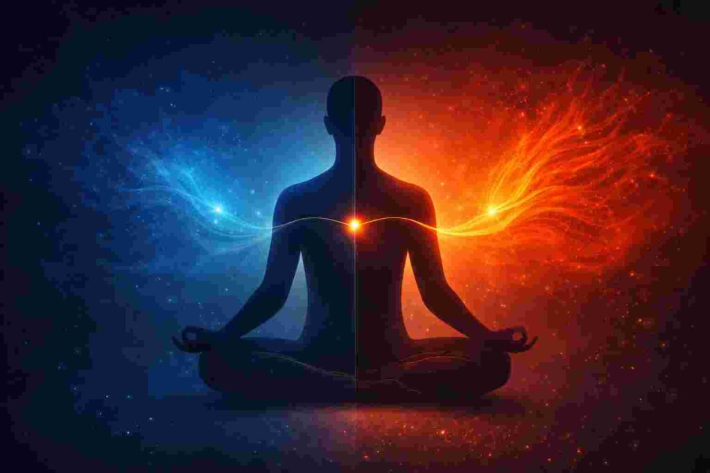 “Symbolic representation of Shiva and Shakti as consciousness and energy, explaining non-dual philosophy and inner balance in modern life.”